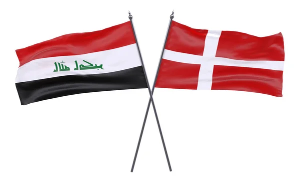 Iraque Dinamarca Duas Bandeiras Cruzadas Isoladas Fundo Branco Imagem — Fotografia de Stock