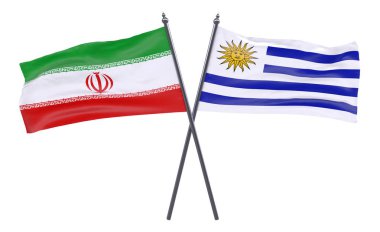 Iran ve Uruguay, iki beyaz arka plan üzerinde izole bayrakları geçti. 3D görüntü