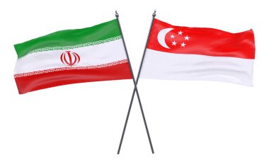 Iran ve Singapur, iki beyaz arka plan üzerinde izole bayrakları geçti. 3D görüntü