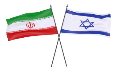 Iran ve İsrail, iki beyaz arka plan üzerinde izole bayrakları geçti. 3D görüntü