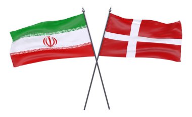 Iran ve Danimarka, iki beyaz arka plan üzerinde izole bayrakları geçti. 3D görüntü