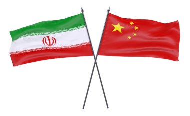 Iran ve Çin, iki beyaz arka plan üzerinde izole bayrakları geçti. 3D görüntü