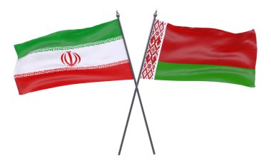 Iran ve Beyaz Rusya, iki beyaz arka plan üzerinde izole bayrakları geçti. 3D görüntü