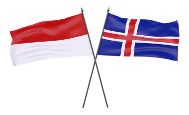 Endonezya ve İzlanda, iki beyaz arka plan üzerinde izole bayrakları geçti. 3D görüntü