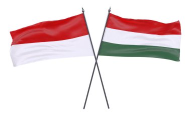 Endonezya ve Macaristan, iki beyaz arka plan üzerinde izole bayrakları geçti. 3D görüntü