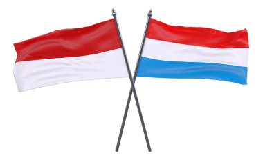 Endonezya ve Lüksemburg, iki beyaz arka plan üzerinde izole bayrakları geçti. 3D görüntü