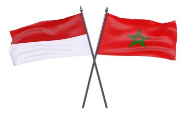 Endonezya ve Fas, iki beyaz arka plan üzerinde izole bayrakları geçti. 3D görüntü