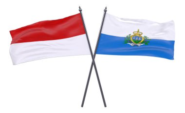 Endonezya ve San Marino, iki beyaz arka plan üzerinde izole bayrakları geçti. 3D görüntü