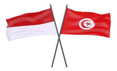 Endonezya ve Tunus, iki beyaz arka plan üzerinde izole bayrakları geçti. 3D görüntü