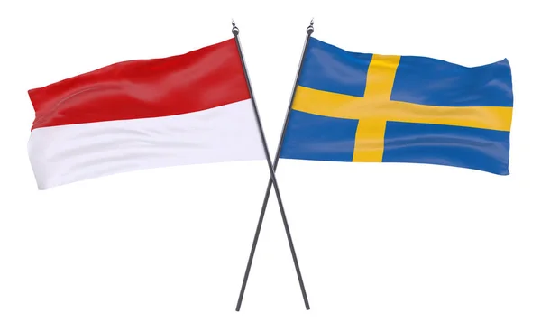 Indonézia Svédország Két Keresztbe Zászlók Elszigetelt Fehér Background Kép — Stock Fotó
