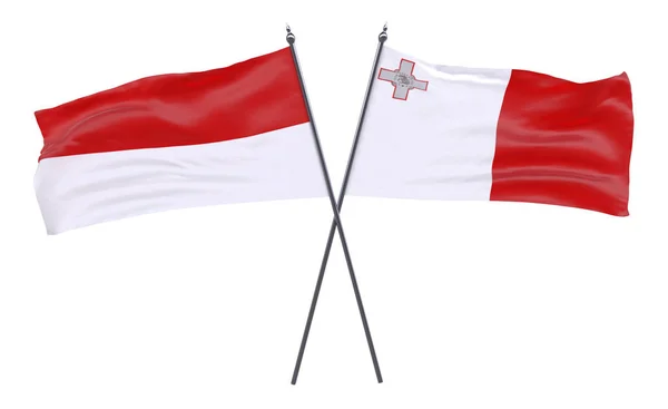印度尼西亚和马耳他 两个交叉的旗帜在白色背景下被隔离 — 图库照片