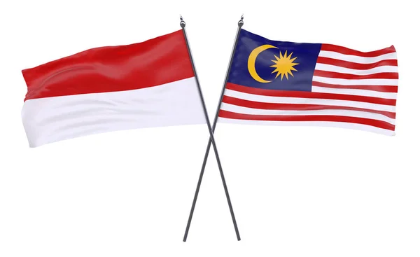 Indonesia Dan Malaysia Dua Bendera Silang Yang Diisolasi Dengan Latar — Stok Foto