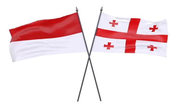 印度尼西亚和格鲁吉亚两个交叉的旗帜在白色背景下被隔离 — 图库照片