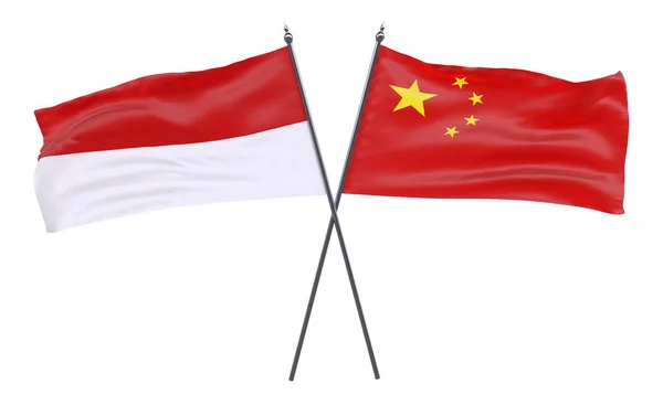 Indonesia Dan Cina Dua Bendera Silang Terisolasi Dengan Latar Belakang — Stok Foto