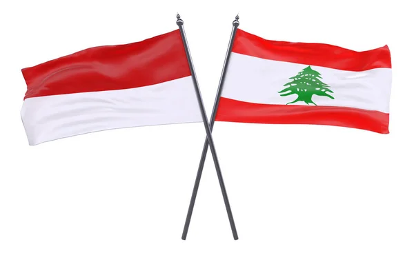 Indonésie Libanonu Dva Překřížené Příznaky Izolované Bílém Pozadí Obrázek — Stock fotografie