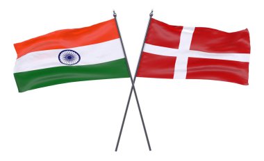 Hindistan ve Danimarka, iki beyaz arka plan üzerinde izole bayrakları geçti. 3D görüntü