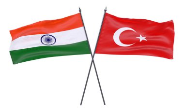 Hindistan ve Türkiye, iki beyaz arka plan üzerinde izole bayrakları geçti. 3D görüntü