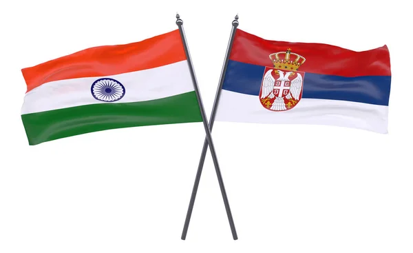 Indie Srbsko Dva Překřížené Příznaky Izolované Bílém Pozadí Obrázek — Stock fotografie