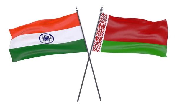 Indie Bělorusko Dva Překřížené Příznaky Izolované Bílém Pozadí Obrázek — Stock fotografie
