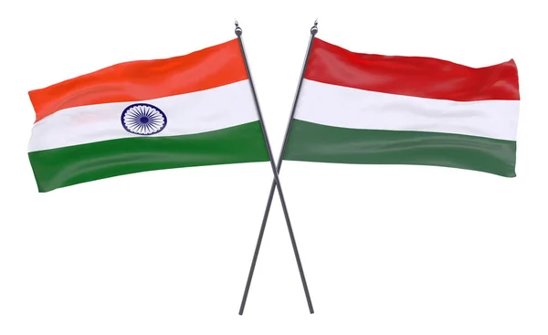 India Hongarije Twee Gekruiste Vlaggen Geïsoleerd Een Witte Achtergrond Afbeelding — Stockfoto