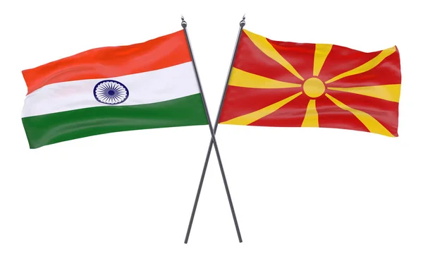 印度和马其顿 两个交叉的旗帜在白色背景下被隔离 — 图库照片