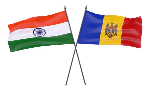Ινδία Και Μολδαβία Δύο Διέσχισε Σημαίες Που Απομονώνονται Λευκό Φόντο — Φωτογραφία Αρχείου