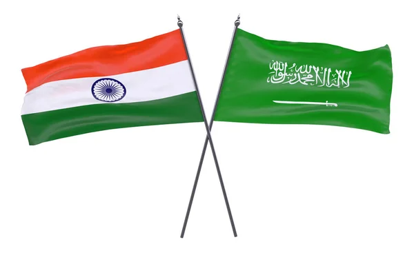 Indien Und Saudi Arabien Zwei Gekreuzte Flaggen Auf Weißem Hintergrund — Stockfoto