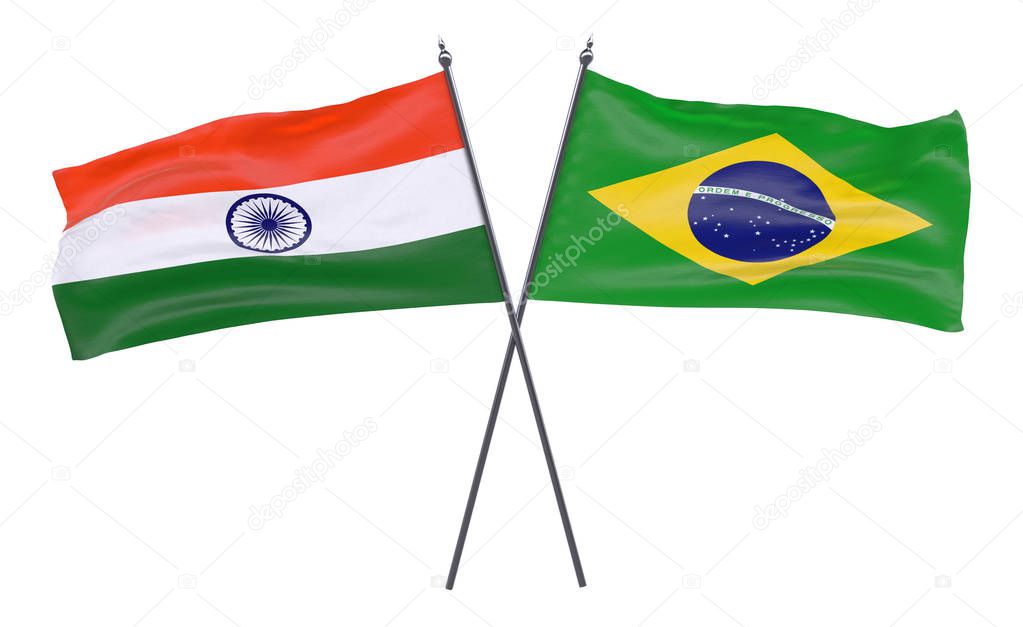India and Brazil, two crossed flags isolated on white background. 3d image