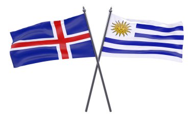 İzlanda ve Uruguay, iki beyaz arka plan üzerinde izole bayrakları geçti. 3D görüntü