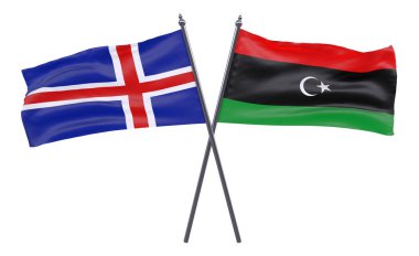 İzlanda ve Libya, iki beyaz arka plan üzerinde izole bayrakları geçti. 3D görüntü