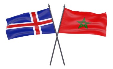 İzlanda ve Fas, iki beyaz arka plan üzerinde izole bayrakları geçti. 3D görüntü