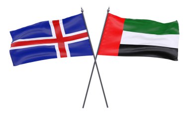 İzlanda ve Birleşik Arap Emirlikleri, iki beyaz arka plan üzerinde izole bayrakları geçti. 3D görüntü