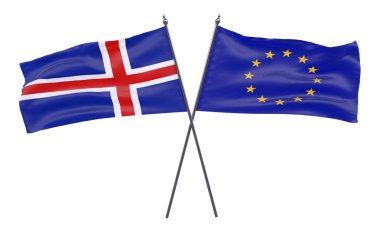 İzlanda ve Avrupa Birliği, iki beyaz arka plan üzerinde izole bayrakları geçti. 3D görüntü