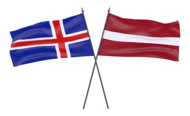 İzlanda ve Letonya, iki beyaz arka plan üzerinde izole bayrakları geçti. 3D görüntü