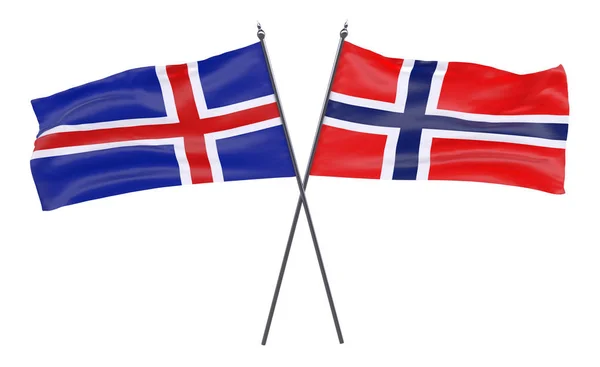 Ijsland Noorwegen Twee Gekruiste Vlaggen Geïsoleerd Een Witte Achtergrond Afbeelding — Stockfoto
