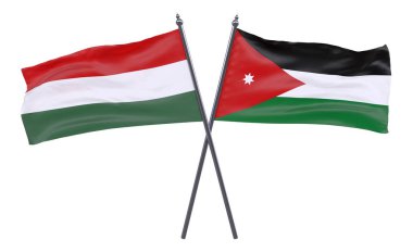 Macaristan ve Jordan, iki beyaz arka plan üzerinde izole bayrakları geçti. 3D görüntü