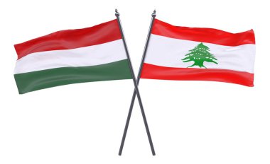 Macaristan ve Lübnan, iki beyaz arka plan üzerinde izole bayrakları geçti. 3D görüntü