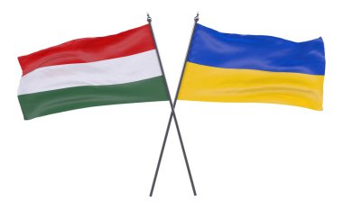 Macaristan ve Ukrayna, iki beyaz arka plan üzerinde izole bayrakları geçti. 3D görüntü
