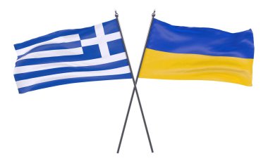 Yunanistan ve Ukrayna, iki beyaz arka plan üzerinde izole bayrakları geçti. 3D görüntü