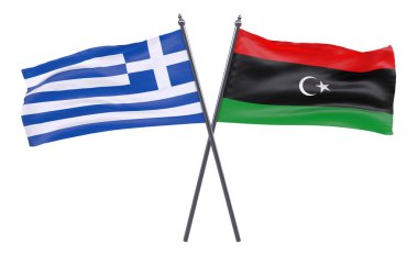 Yunanistan ve Libya, iki beyaz arka plan üzerinde izole bayrakları geçti. 3D görüntü