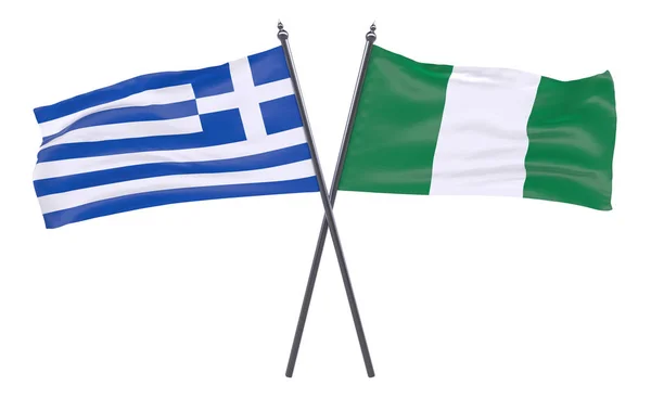Grèce Nigeria Deux Drapeaux Croisés Isolés Sur Fond Blanc Image — Photo