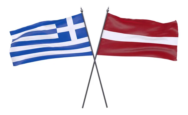 Grecja Łotwa Dwa Skrzyżowane Flagi Białym Tle Obraz — Zdjęcie stockowe