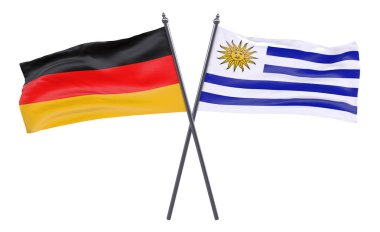 Almanya ve Uruguay, iki beyaz arka plan üzerinde izole bayrakları geçti. 3D görüntü