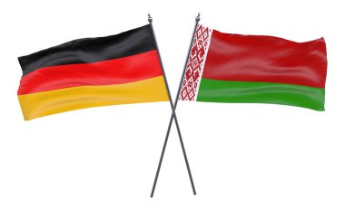 Almanya ve Beyaz Rusya, iki beyaz arka plan üzerinde izole bayrakları geçti. 3D görüntü