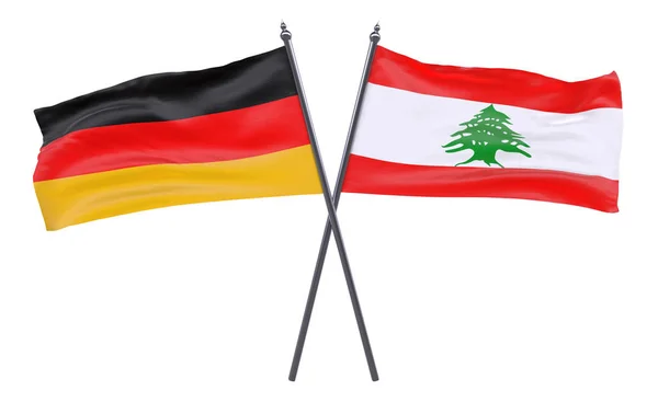 Německo Libanonu Dva Překřížené Příznaky Izolované Bílém Pozadí Obrázek — Stock fotografie