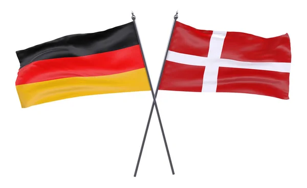 Německo Dánsko Dva Překřížené Příznaky Izolované Bílém Pozadí Obrázek — Stock fotografie