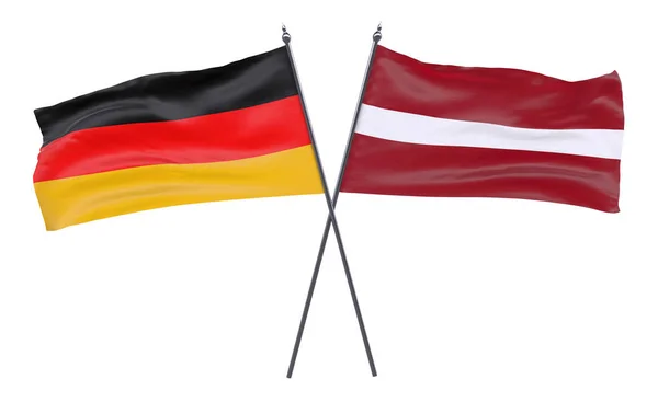 德国和拉脱维亚 两个交叉的旗帜在白色背景下被隔离 — 图库照片