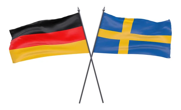 德国和瑞典两个交叉的旗子在白色背景被隔绝了 — 图库照片