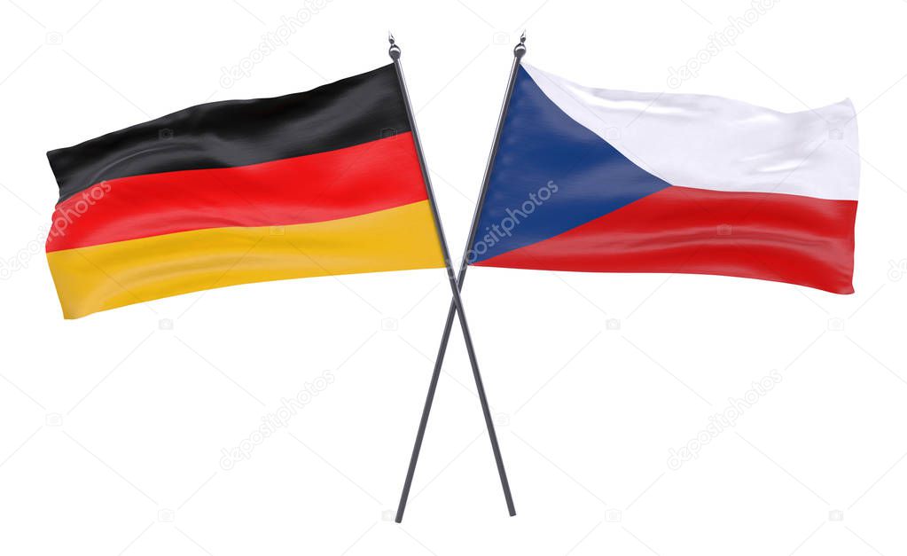 Germany and Czech Republic, two crossed flags isolated on white background. 3d image