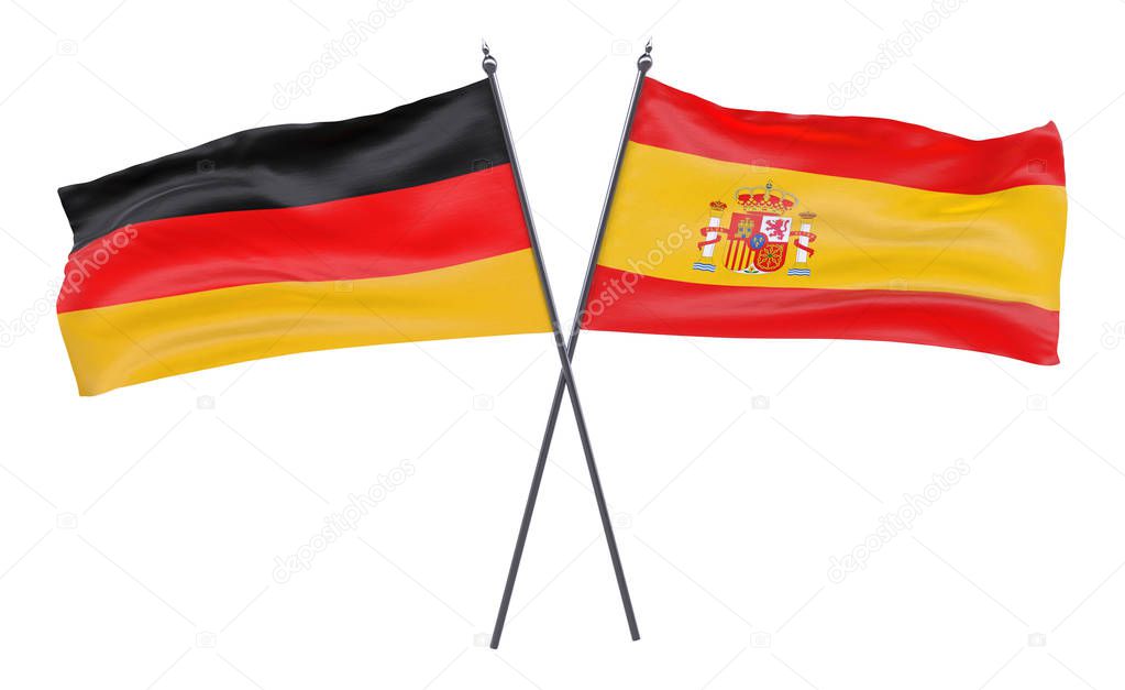 Germany and Spain, two crossed flags isolated on white background. 3d image